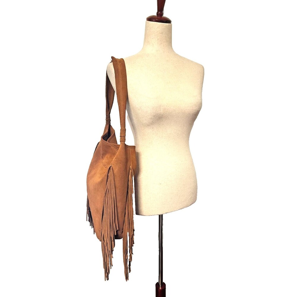Margot Suede Leather Long Fringe Bucket Shoulder Bag Tote Brown Western Hippie - Picture 4 of 16